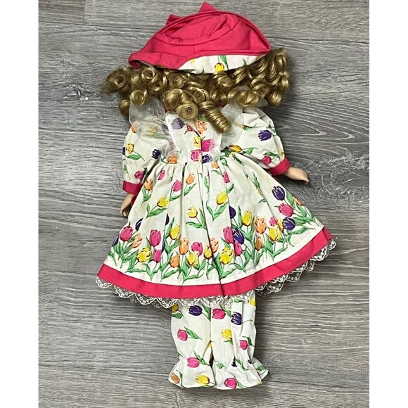 Brass Key Porcelain Doll Tulip Dress Pinafore Bonnet Pantaloons Blonde Curls 16” - Picture 3 of 8